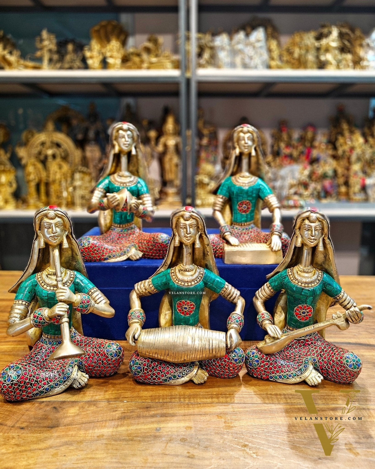 Brass Rajasthani Lady Musicians Set of 5 Showpieces | 10 inch