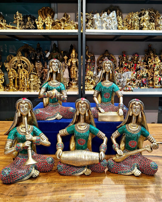 Brass Rajasthani Lady Musicians Set of 5 Showpieces | 10 inch