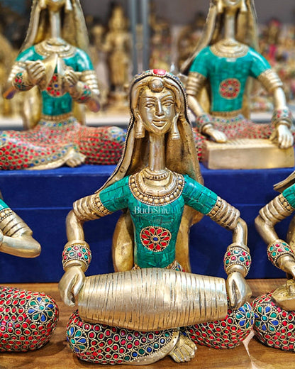 Brass Rajasthani Lady Musicians Set of 5 Showpieces | 10 inch