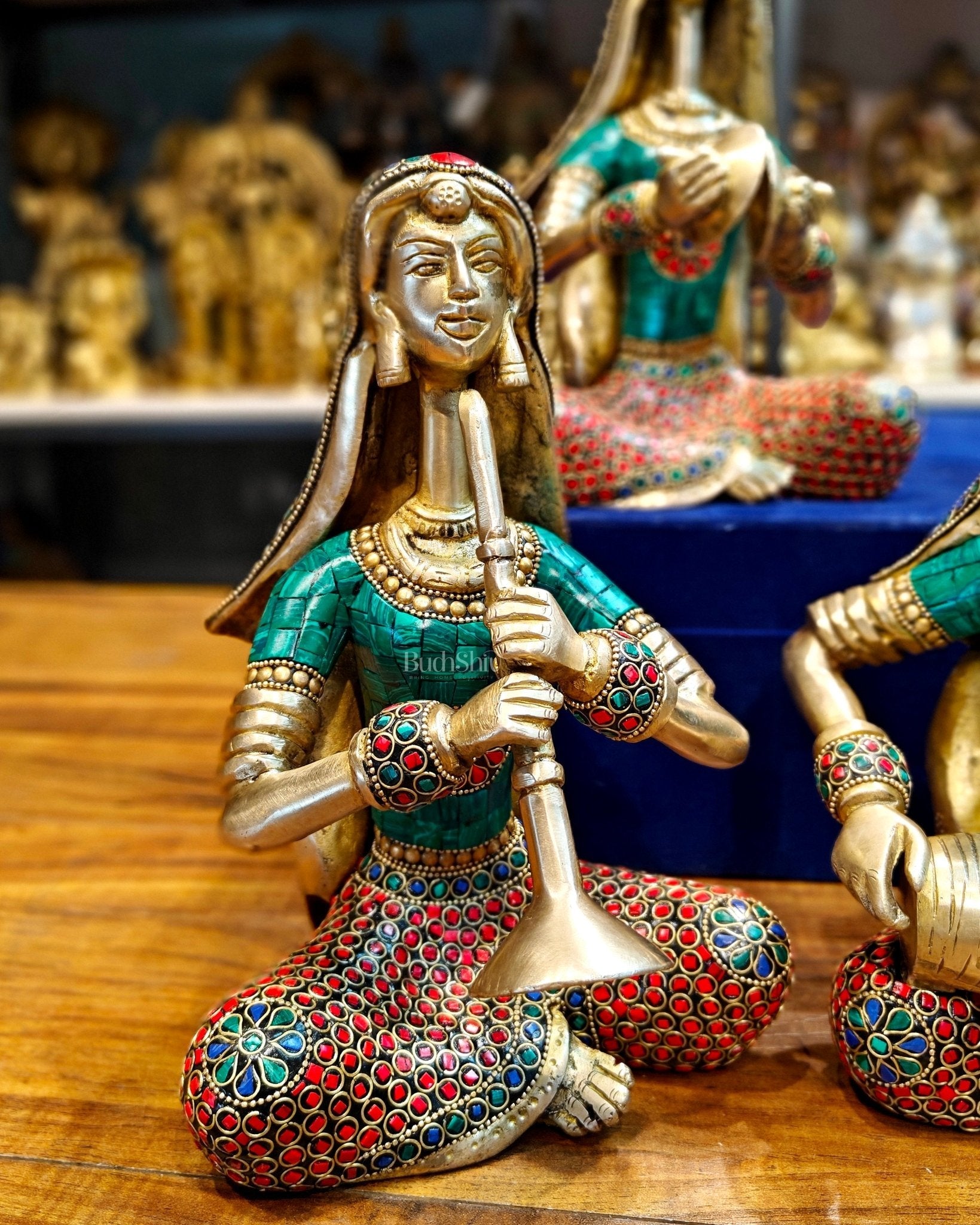 Brass Rajasthani Lady Musicians Set of 5 Showpieces | 10 inch