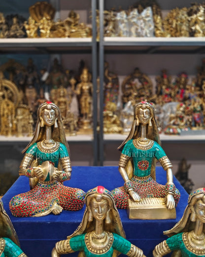 Brass Rajasthani Lady Musicians Set of 5 Showpieces | 10 inch