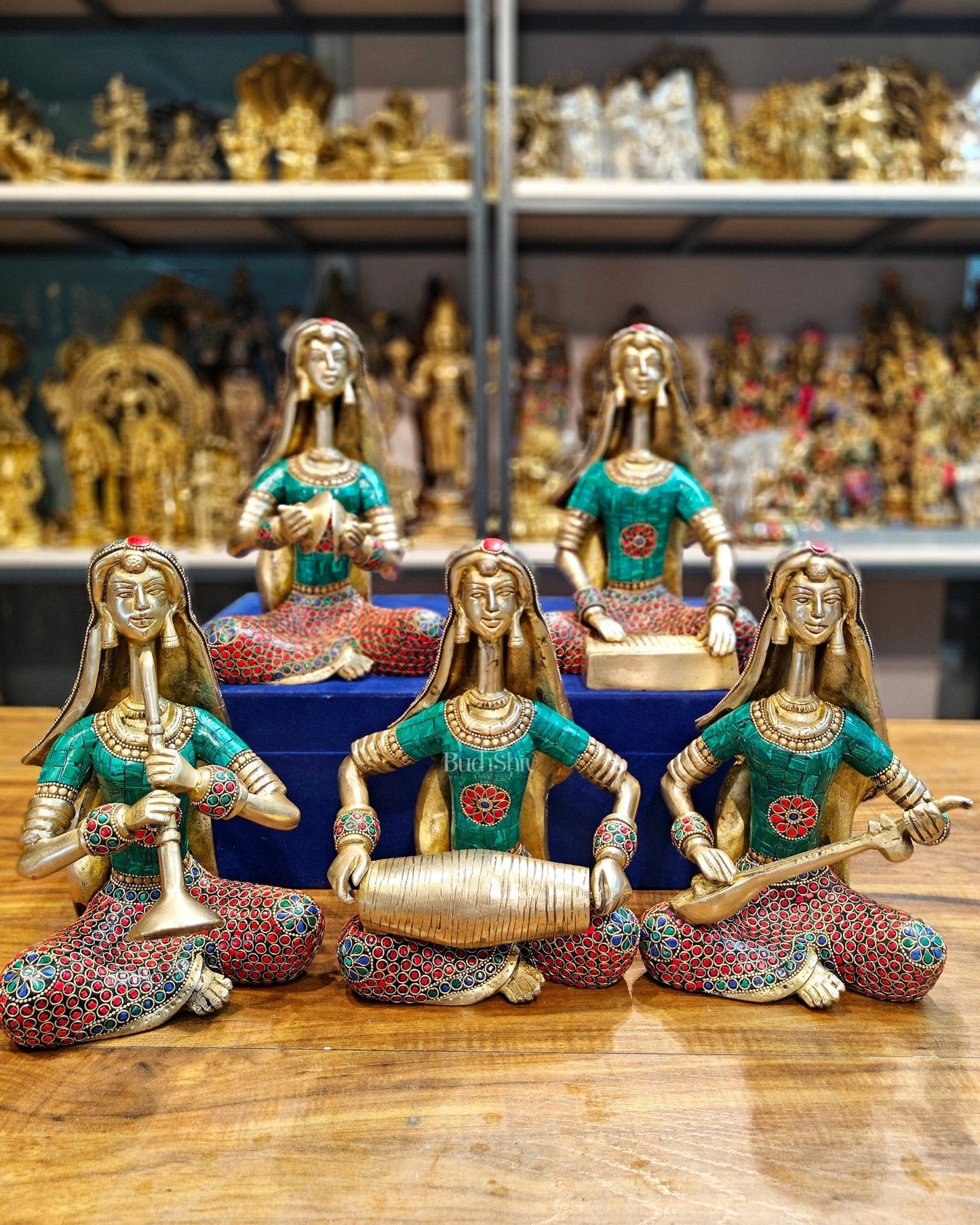 Brass Rajasthani Lady Musicians Set of 5 Showpieces | 10 inch