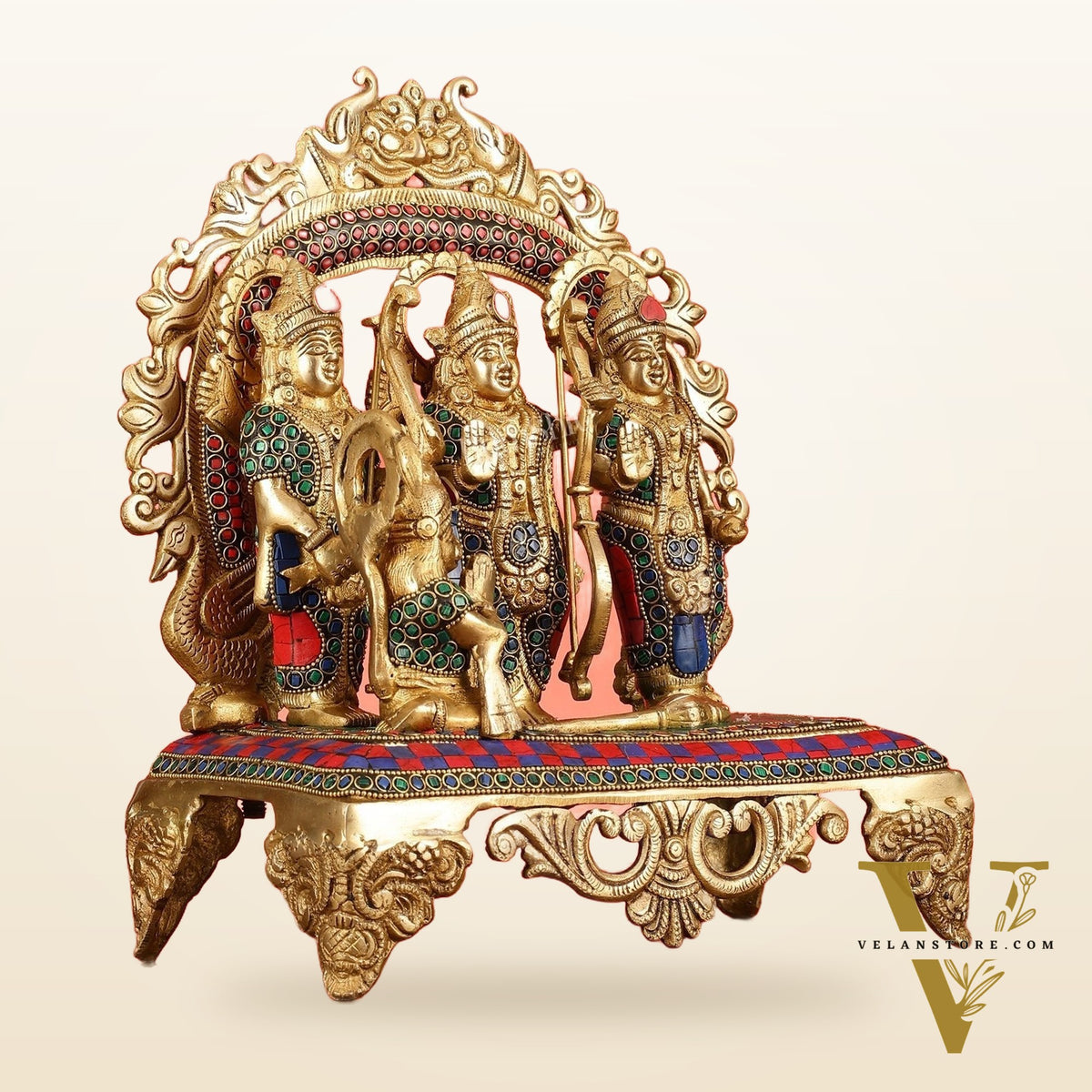 Brass Ram Darbar Idol with Stonework - 12.5 Inch