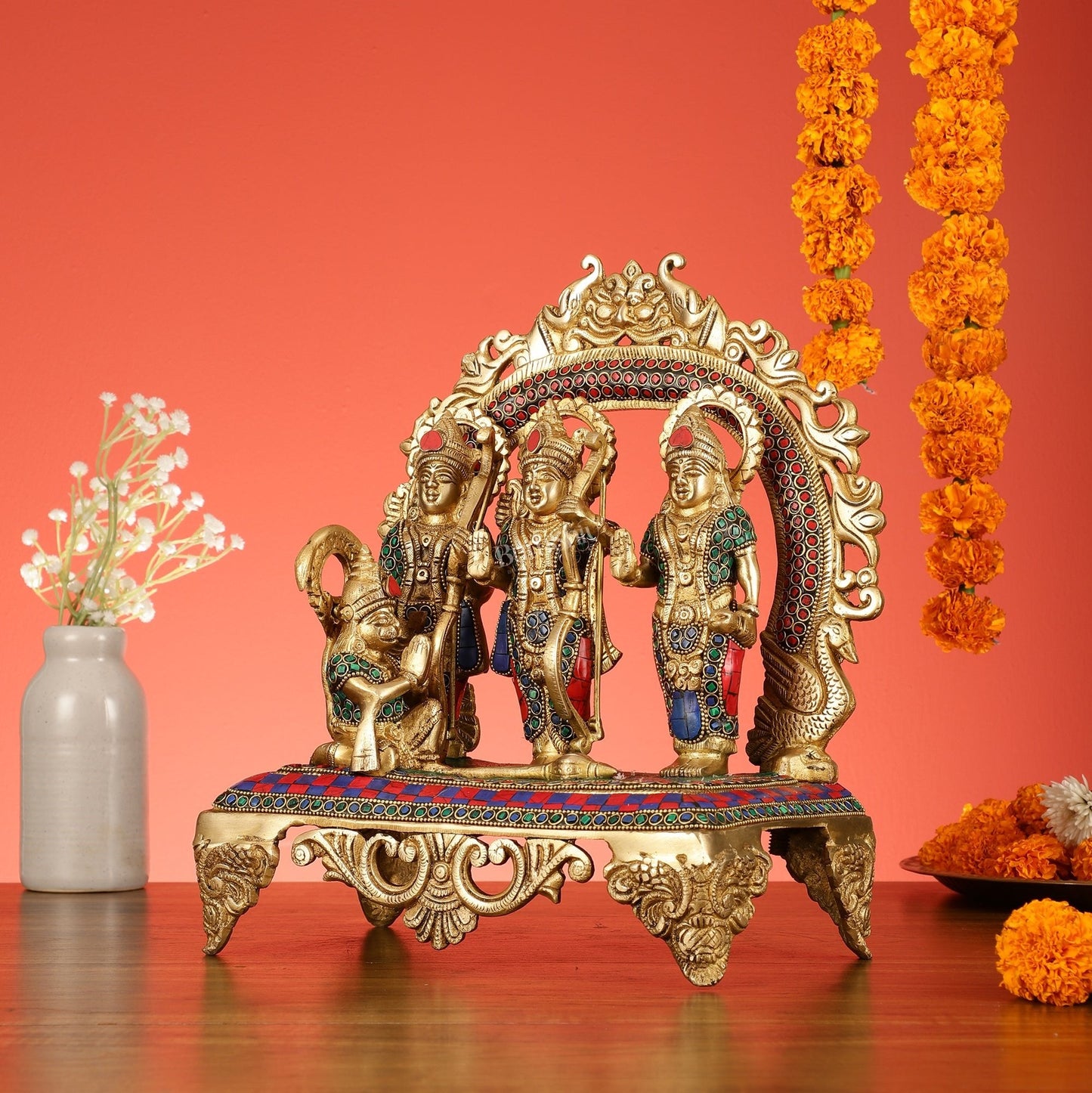 Brass Ram Darbar Idol with Stonework - 12.5 Inch