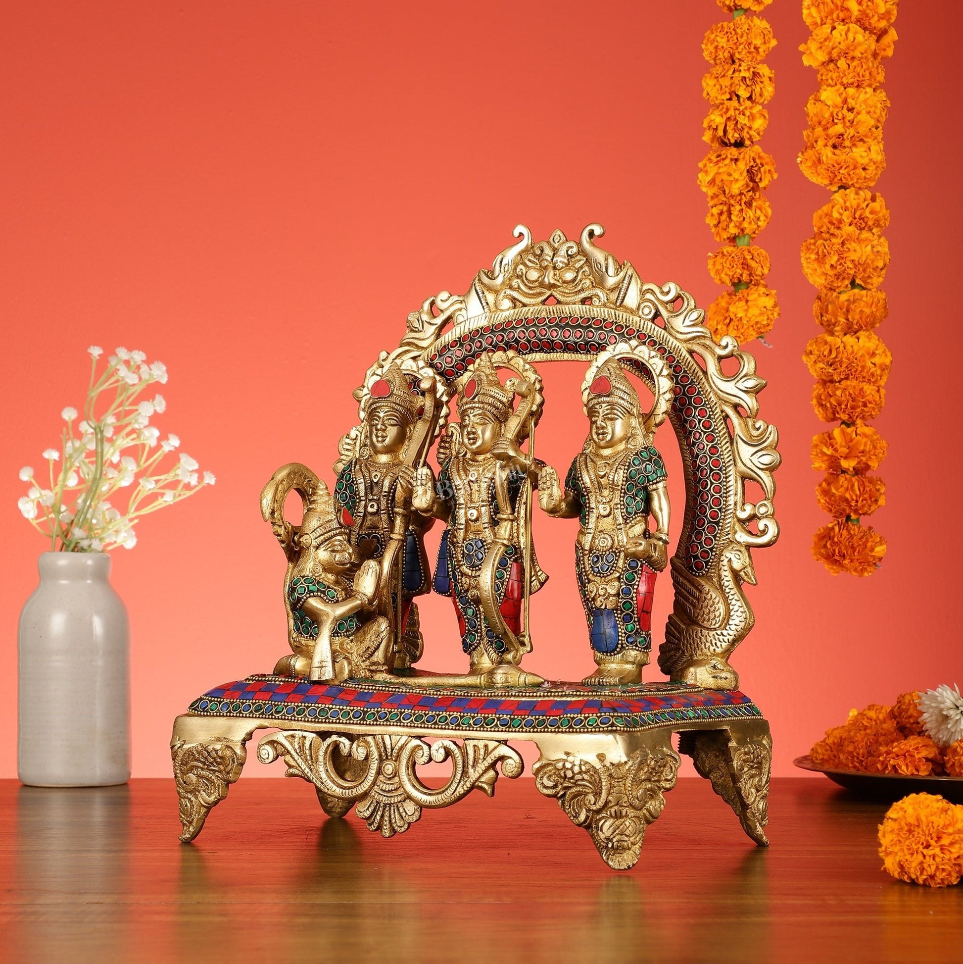 Brass Ram Darbar Idol with Stonework - 12.5 Inch
