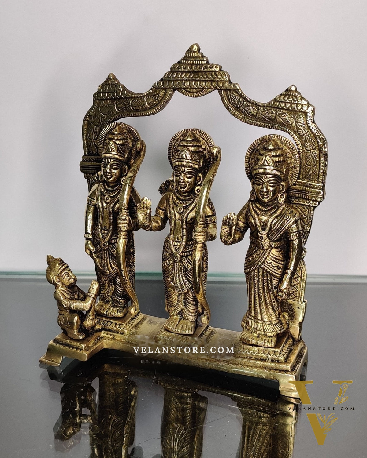 Brass Ram Darbar - Lord Ram, Lakshman, Sita, and Hanuman - Perfect for Home Temples 7.5 inch