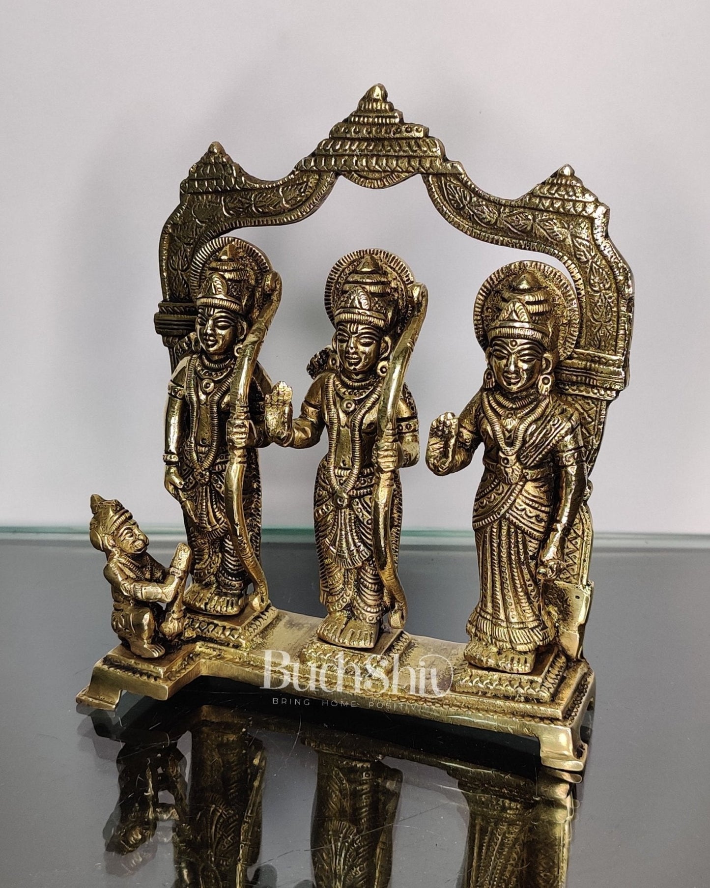 Brass Ram Darbar - Lord Ram, Lakshman, Sita, and Hanuman - Perfect for Home Temples 7.5 inch