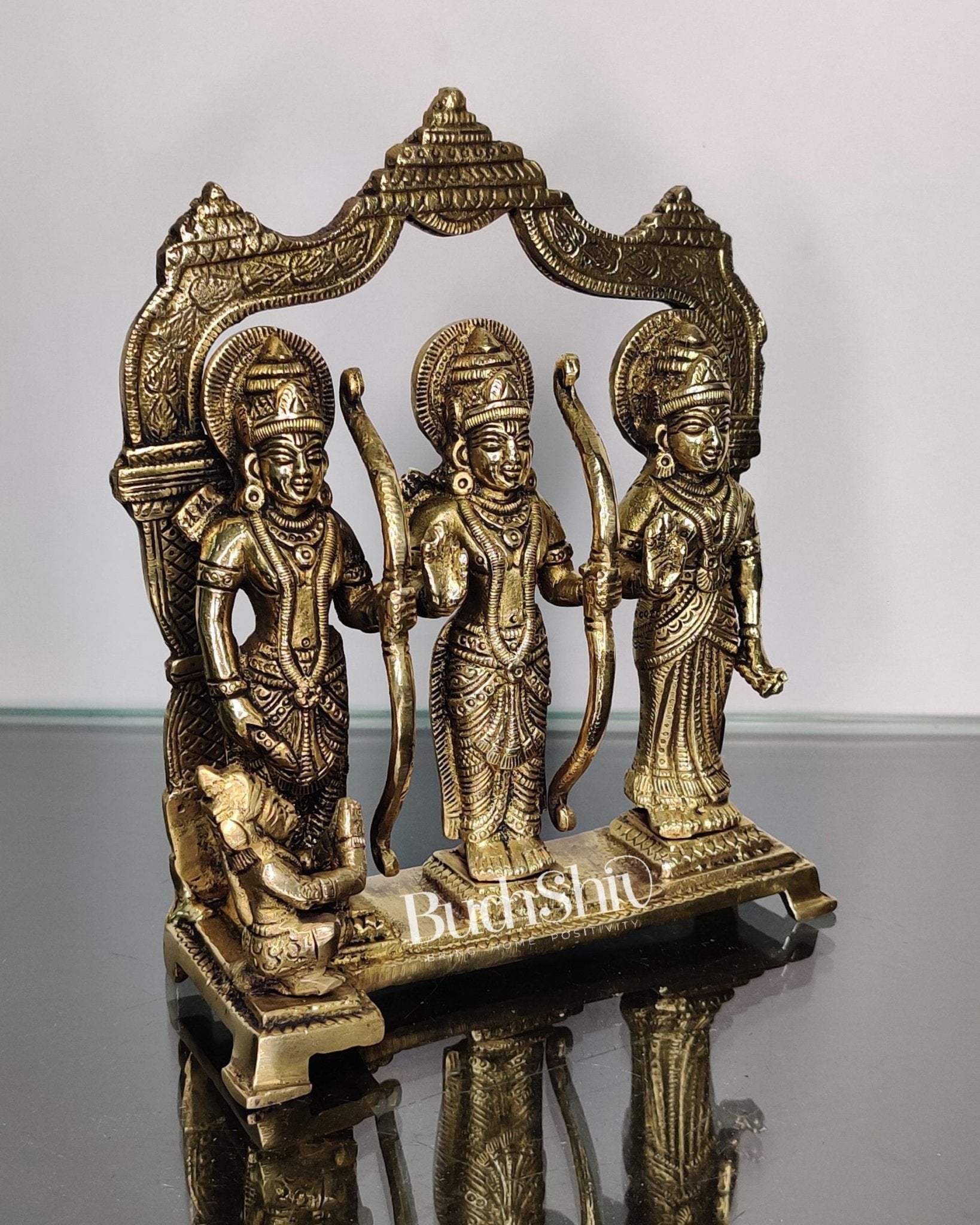 Brass Ram Darbar - Lord Ram, Lakshman, Sita, and Hanuman - Perfect for Home Temples 7.5 inch