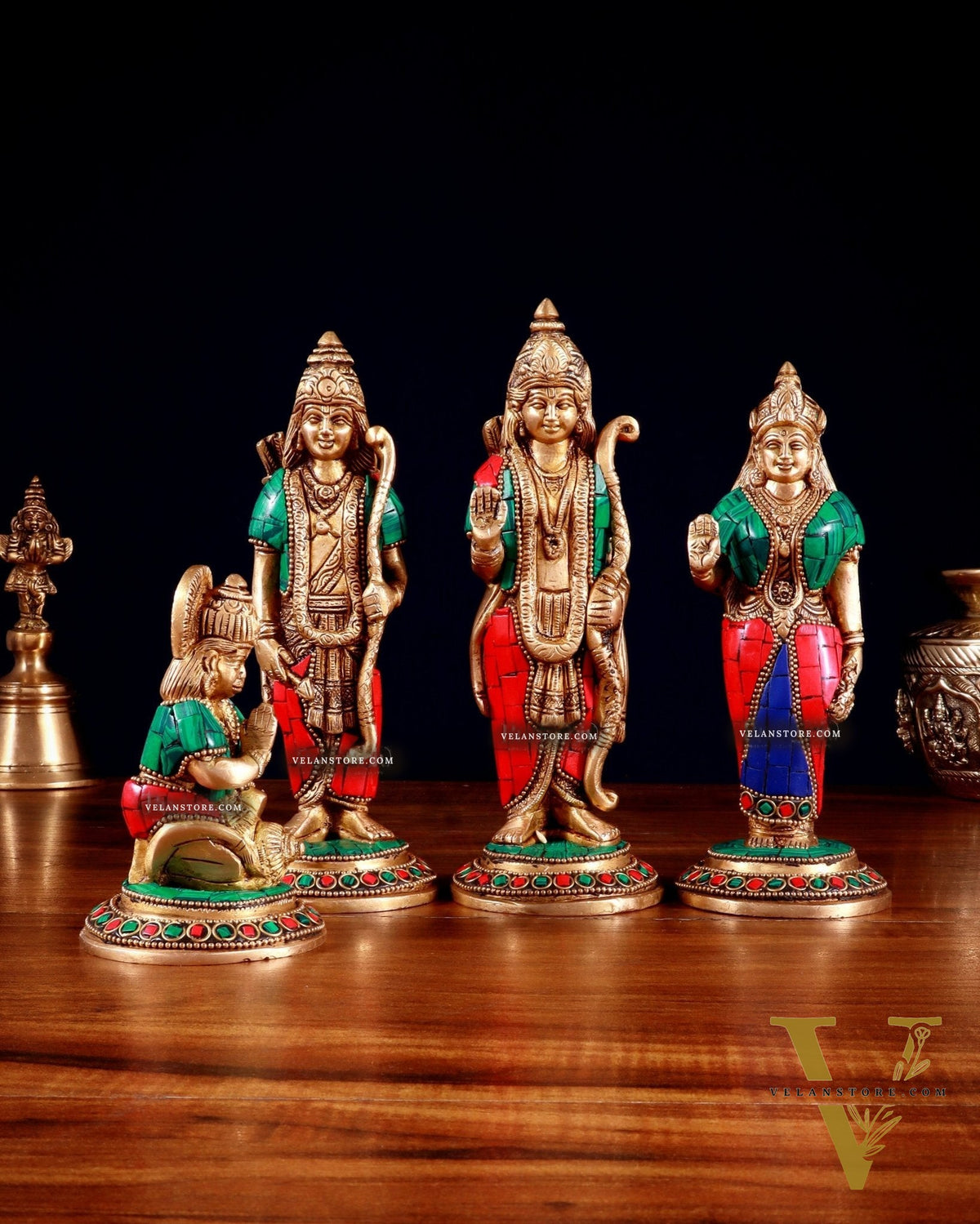 Brass Ramdarbar Idols Set - Lord Ram, Sita, Lakshman, Hanuman 8" stonework