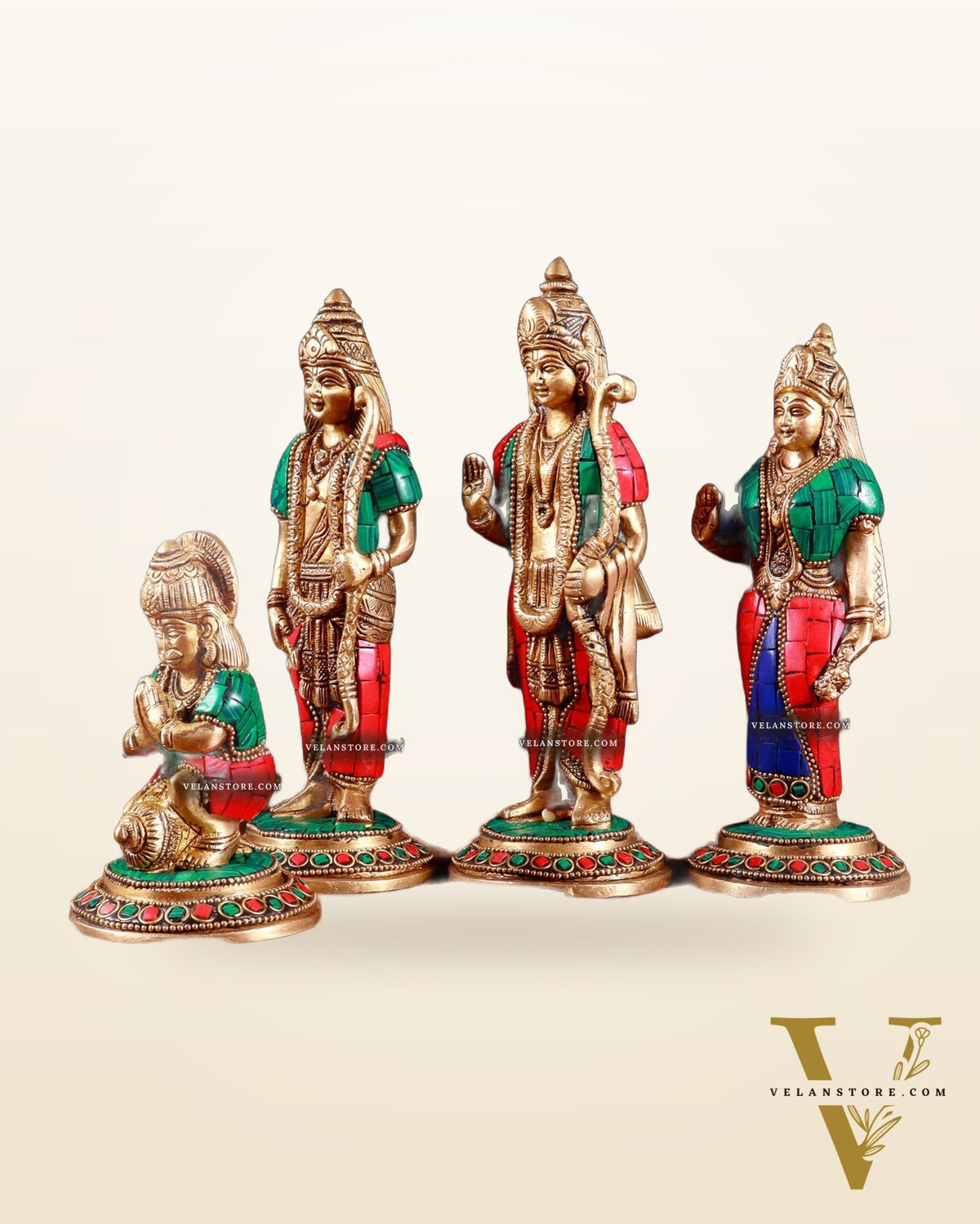 Brass Ramdarbar Idols Set - Lord Ram, Sita, Lakshman, Hanuman 8" stonework