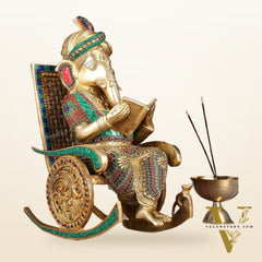 Brass  reading ganapati sitting on Chair statue 17"