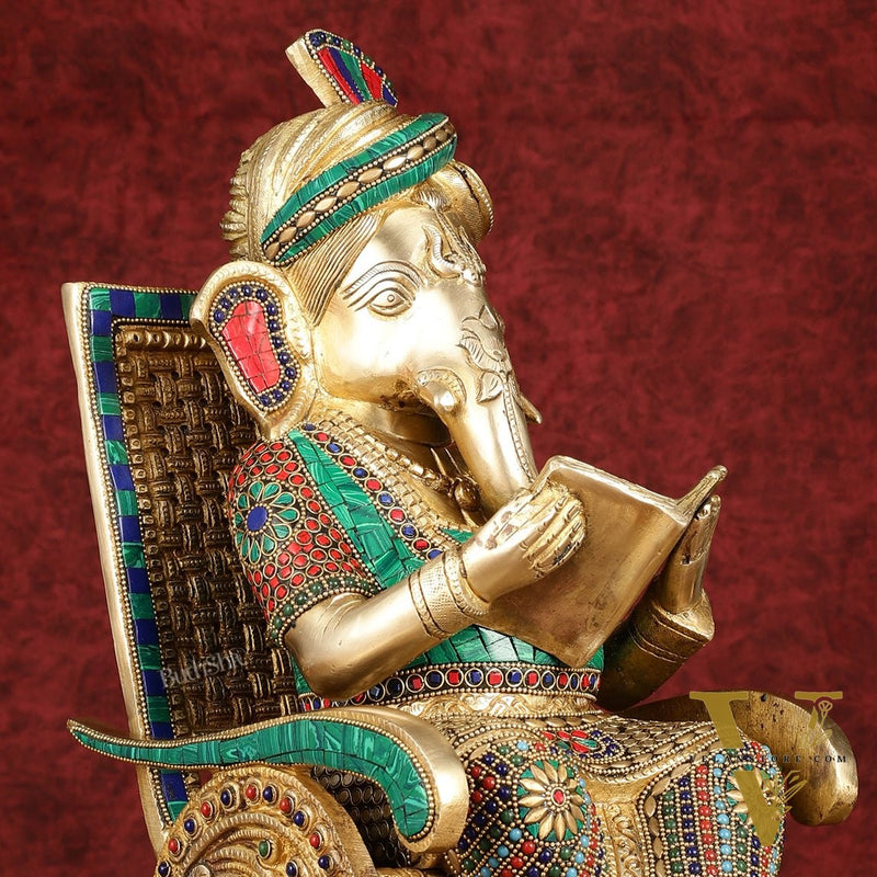 Brass  reading ganapati sitting on Chair statue 17"
