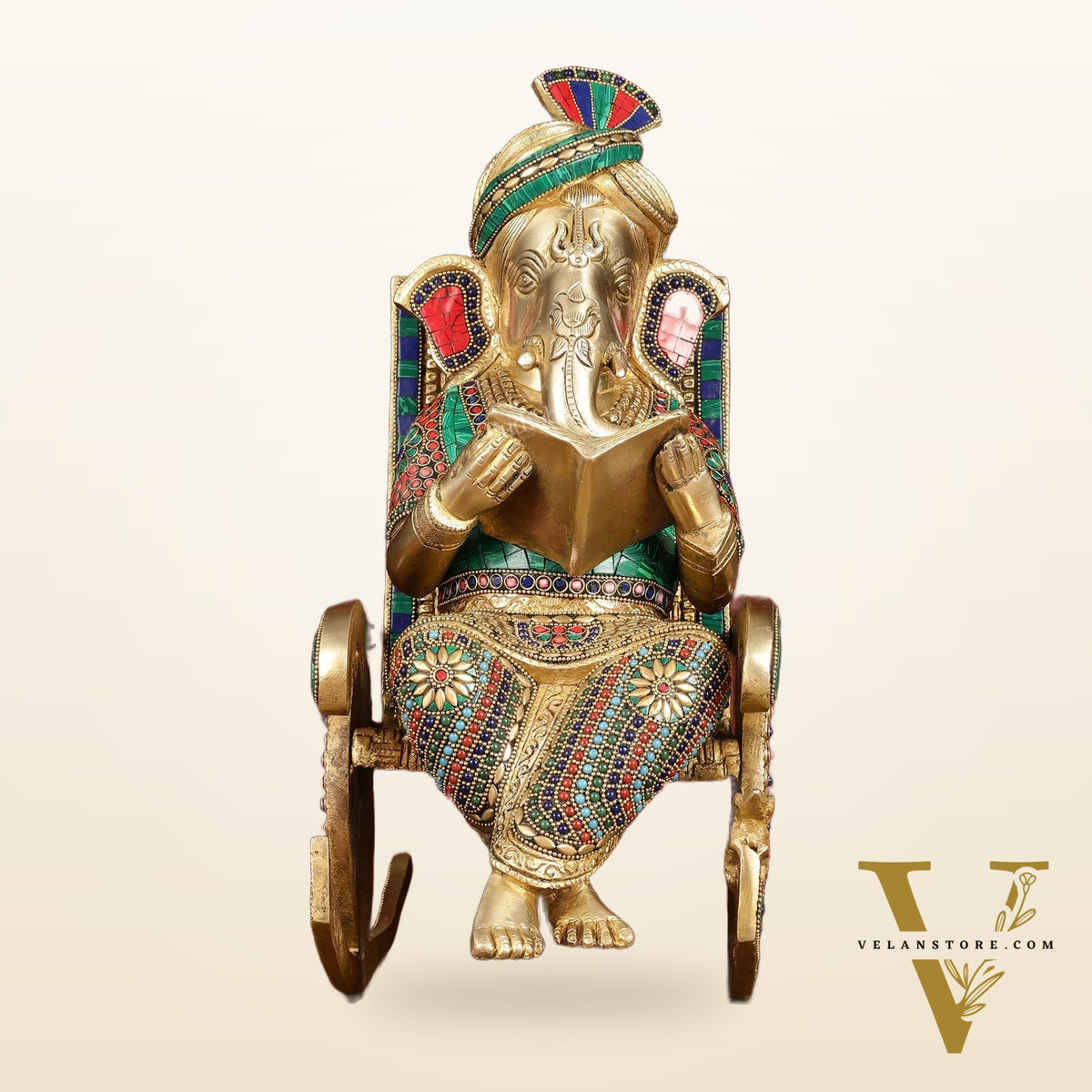 Brass  reading ganapati sitting on Chair statue 17"