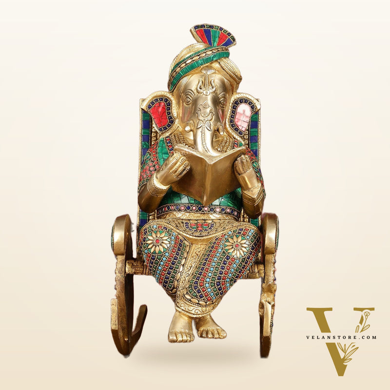 Brass  reading ganapati sitting on Chair statue 17"