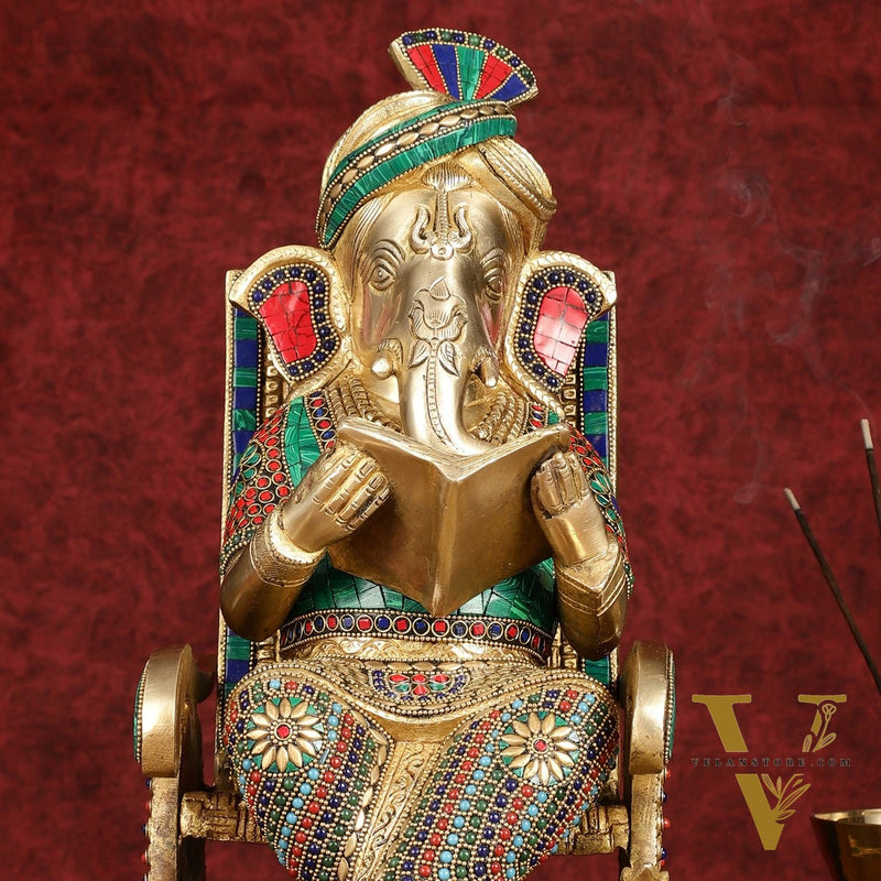Brass  reading ganapati sitting on Chair statue 17"