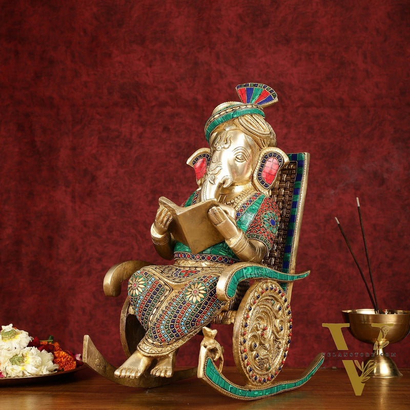 Brass  reading ganapati sitting on Chair statue 17"