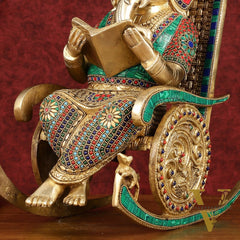 Brass  reading ganapati sitting on Chair statue 17"