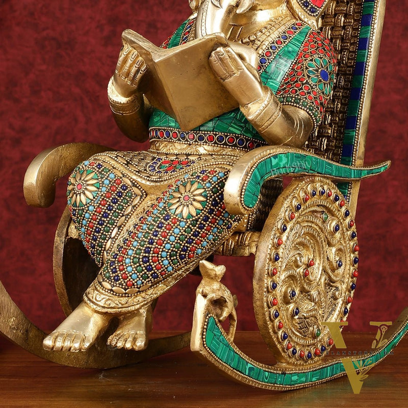 Brass  reading ganapati sitting on Chair statue 17"