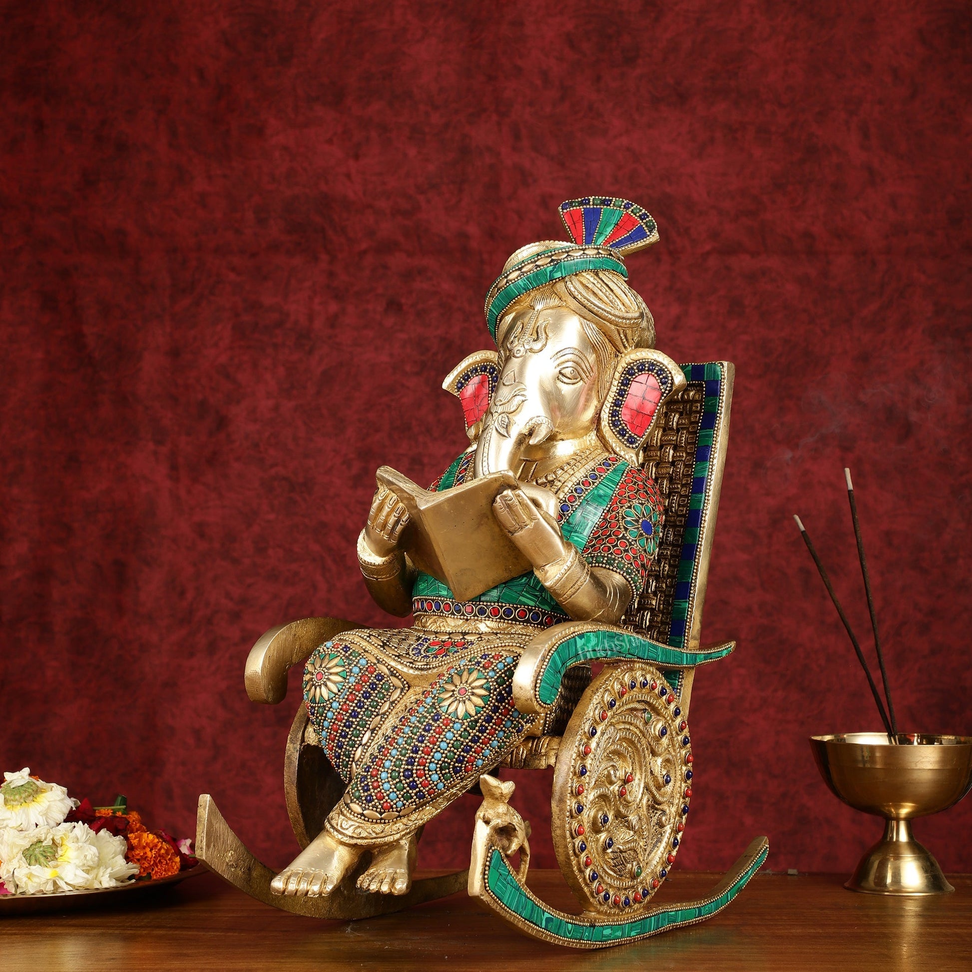 Brass  reading ganapati sitting on Chair statue 17"