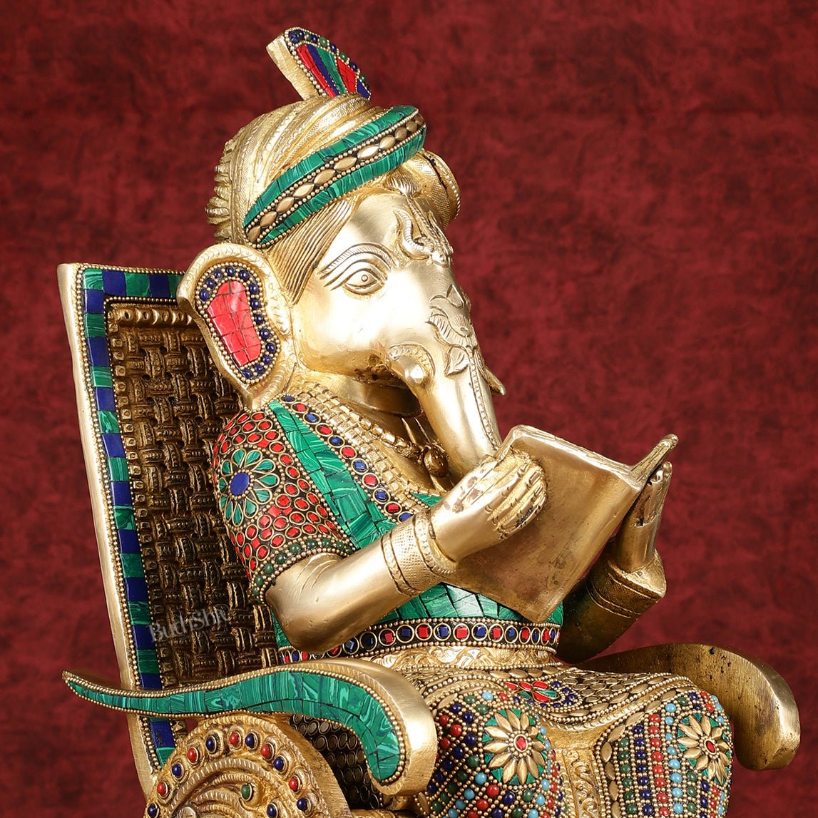 Brass  reading ganapati sitting on Chair statue 17"