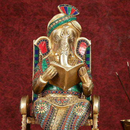 Brass  reading ganapati sitting on Chair statue 17"
