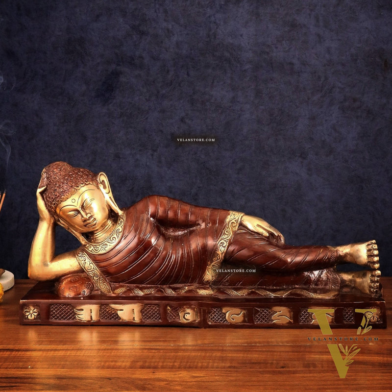 Brass Reclining sleeping Buddha Sculpture in Unique Dual Tone 20 inch