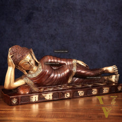 Brass Reclining sleeping Buddha Sculpture in Unique Dual Tone 20 inch