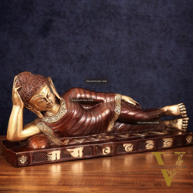 Brass Reclining sleeping Buddha Sculpture in Unique Dual Tone 20 inch
