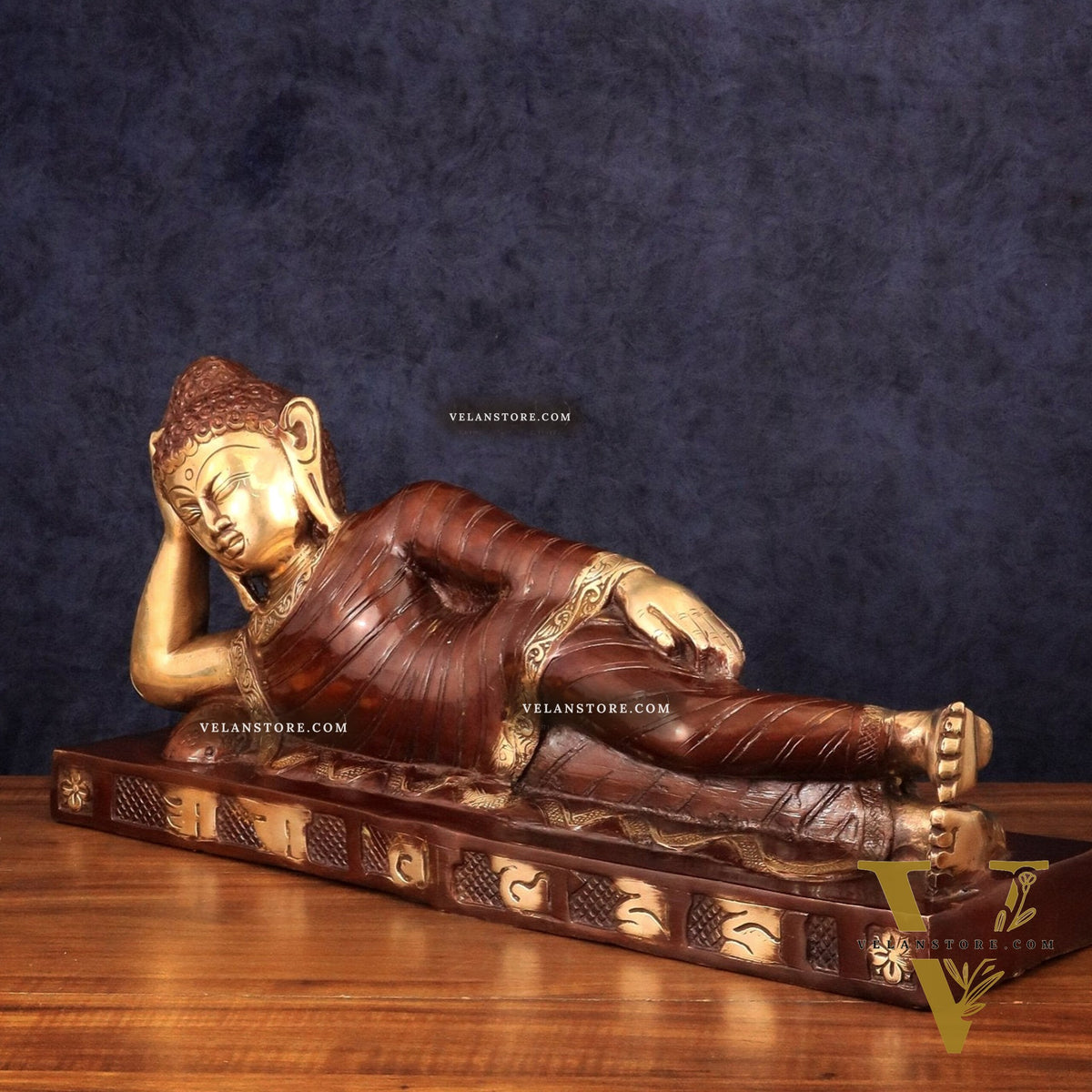 Brass Reclining sleeping Buddha Sculpture in Unique Dual Tone 20 inch