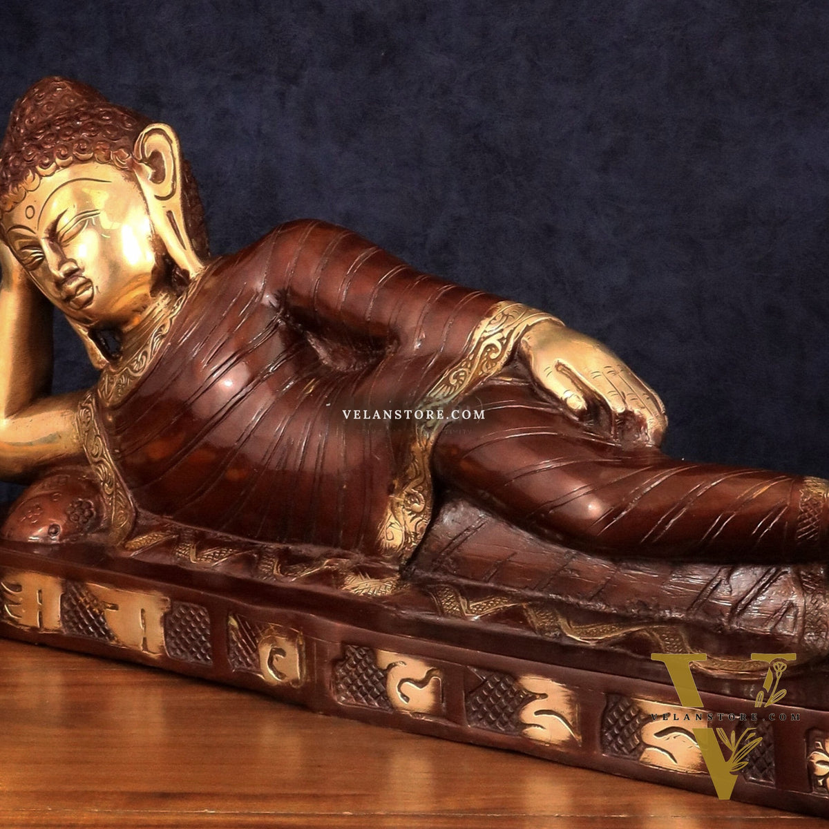 Brass Reclining sleeping Buddha Sculpture in Unique Dual Tone 20 inch