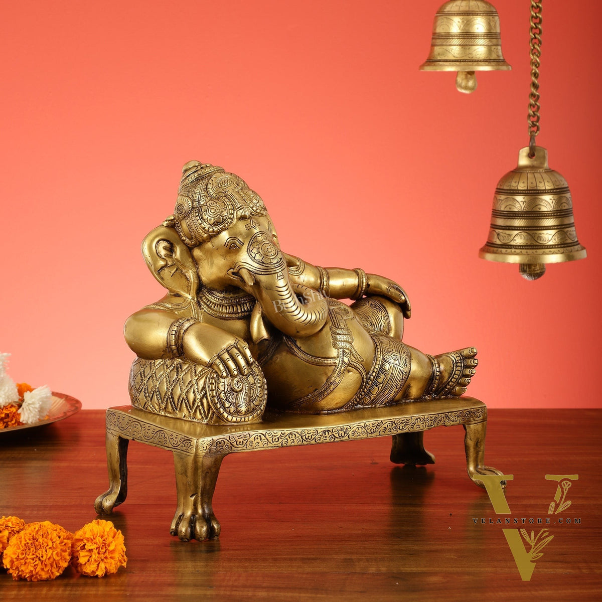 Brass Resting Ganesha Statue Idol - 12 Inch
