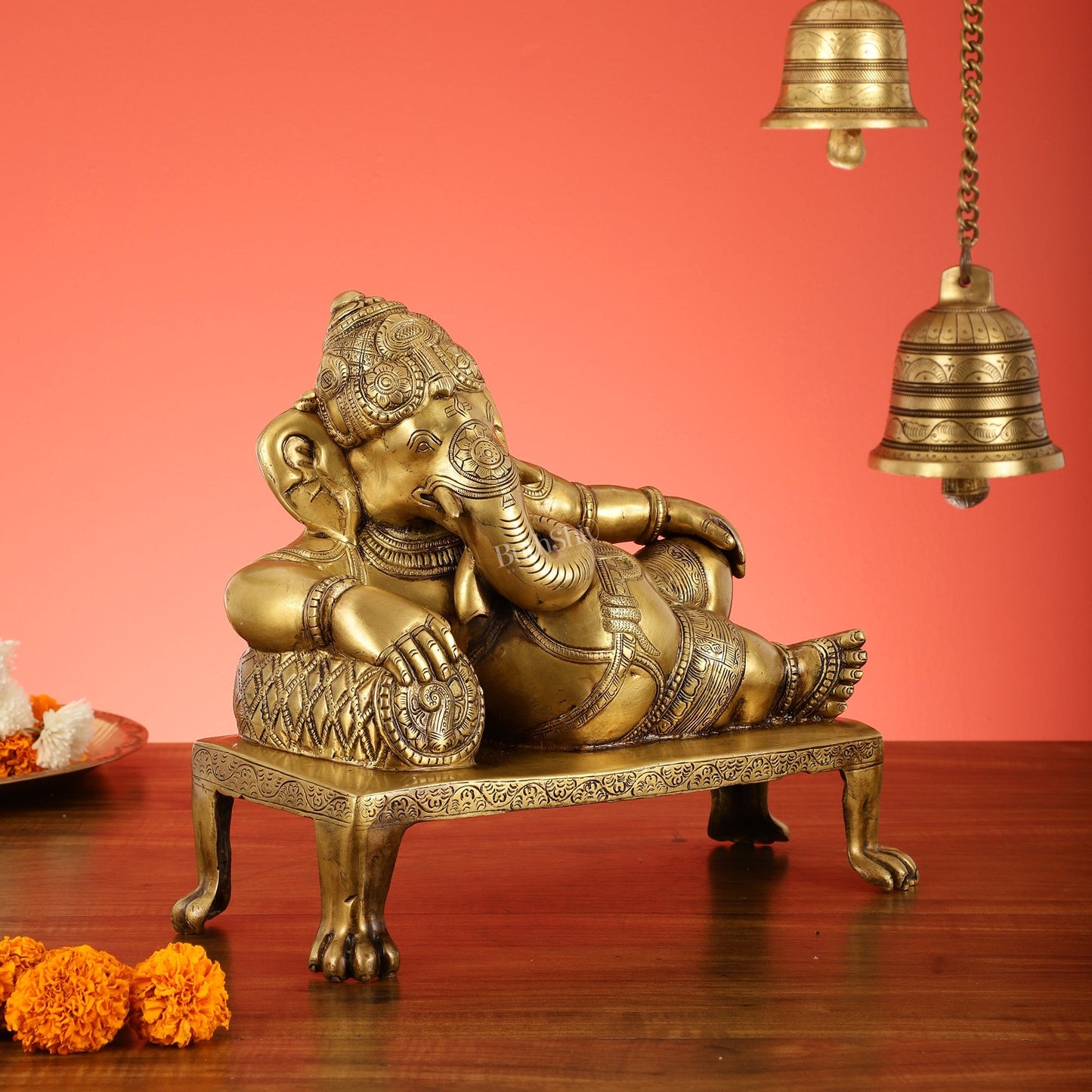 Brass Resting Ganesha Statue Idol - 12 Inch
