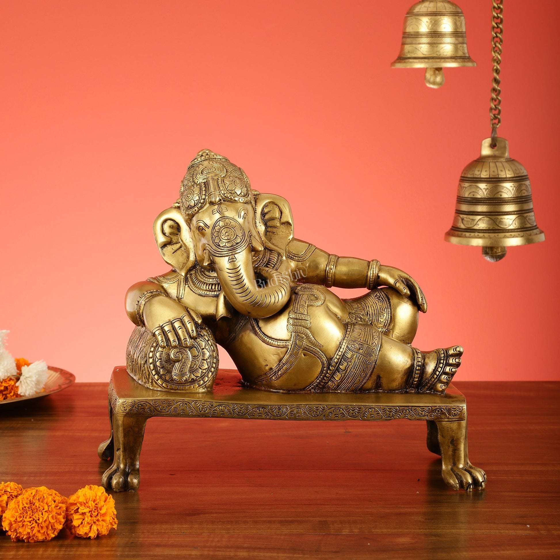 Brass Resting Ganesha Statue Idol - 12 Inch