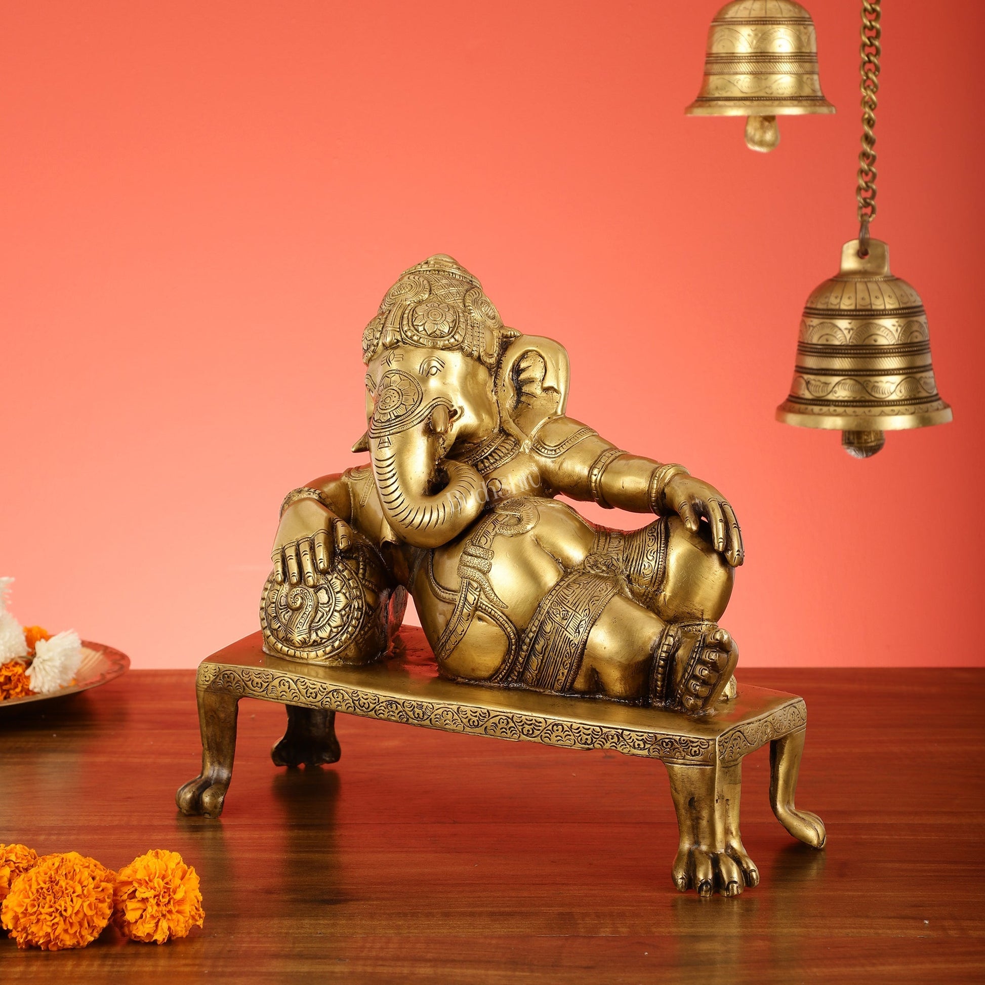 Brass Resting Ganesha Statue Idol - 12 Inch
