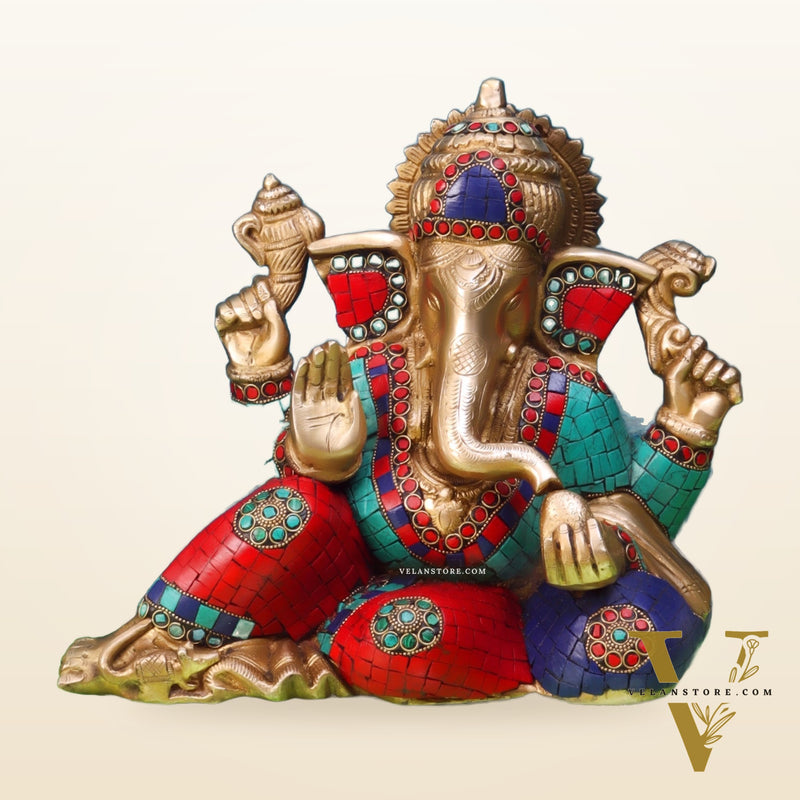 Brass Resting Ganesha Statue with Natural stones 10"