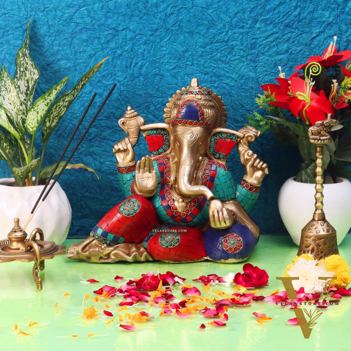 Brass Resting Ganesha Statue with Natural stones 10"