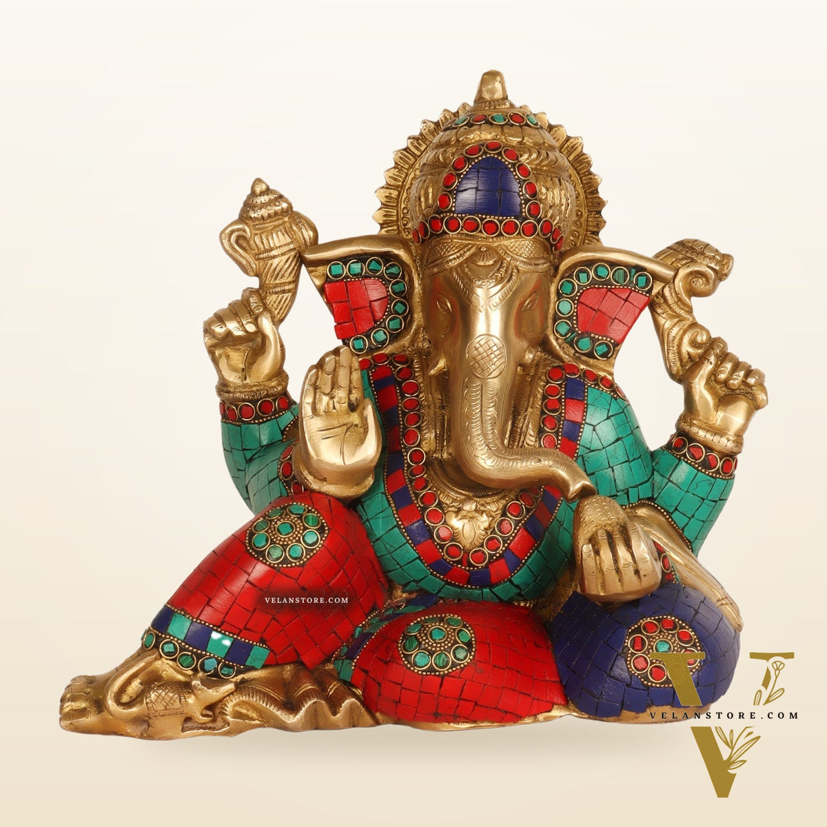 Brass Resting Ganesha Statue with Natural stones 10"