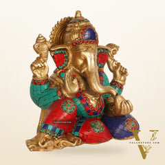 Brass Resting Ganesha Statue with Natural stones 10"