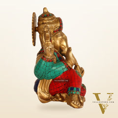 Brass Resting Ganesha Statue with Natural stones 10"