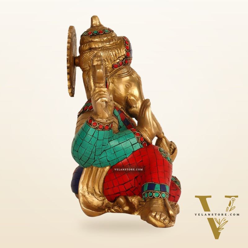 Brass Resting Ganesha Statue with Natural stones 10"