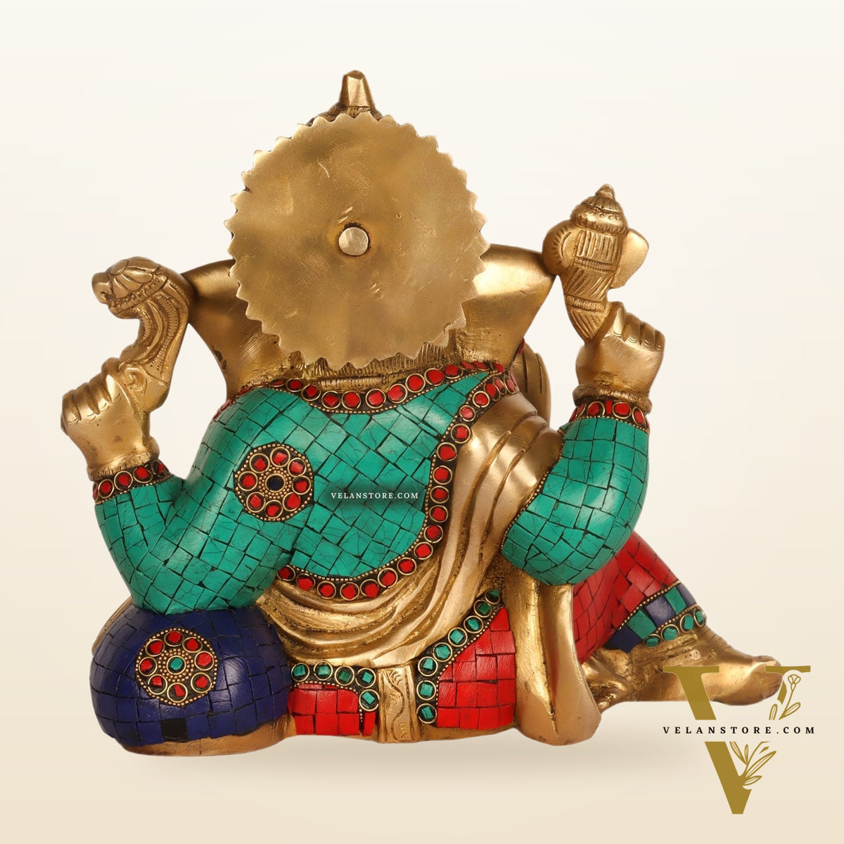 Brass Resting Ganesha Statue with Natural stones 10"
