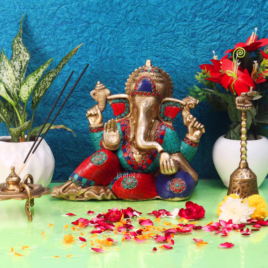 Brass Resting Ganesha Statue with Natural stones 10"