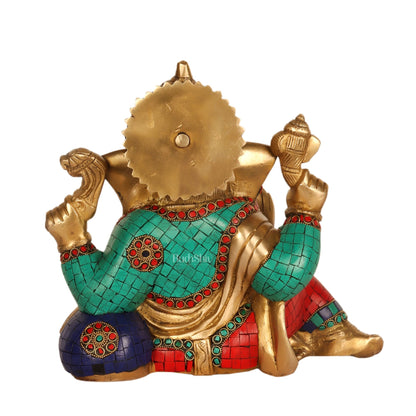 Brass Resting Ganesha Statue with Natural stones 10"