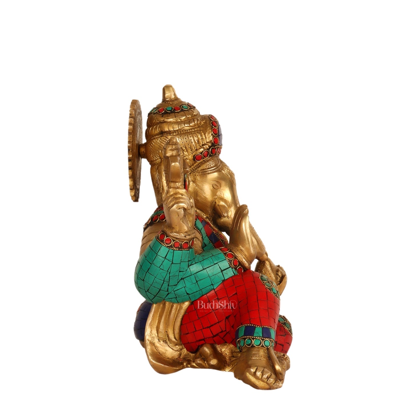 Brass Resting Ganesha Statue with Natural stones 10"