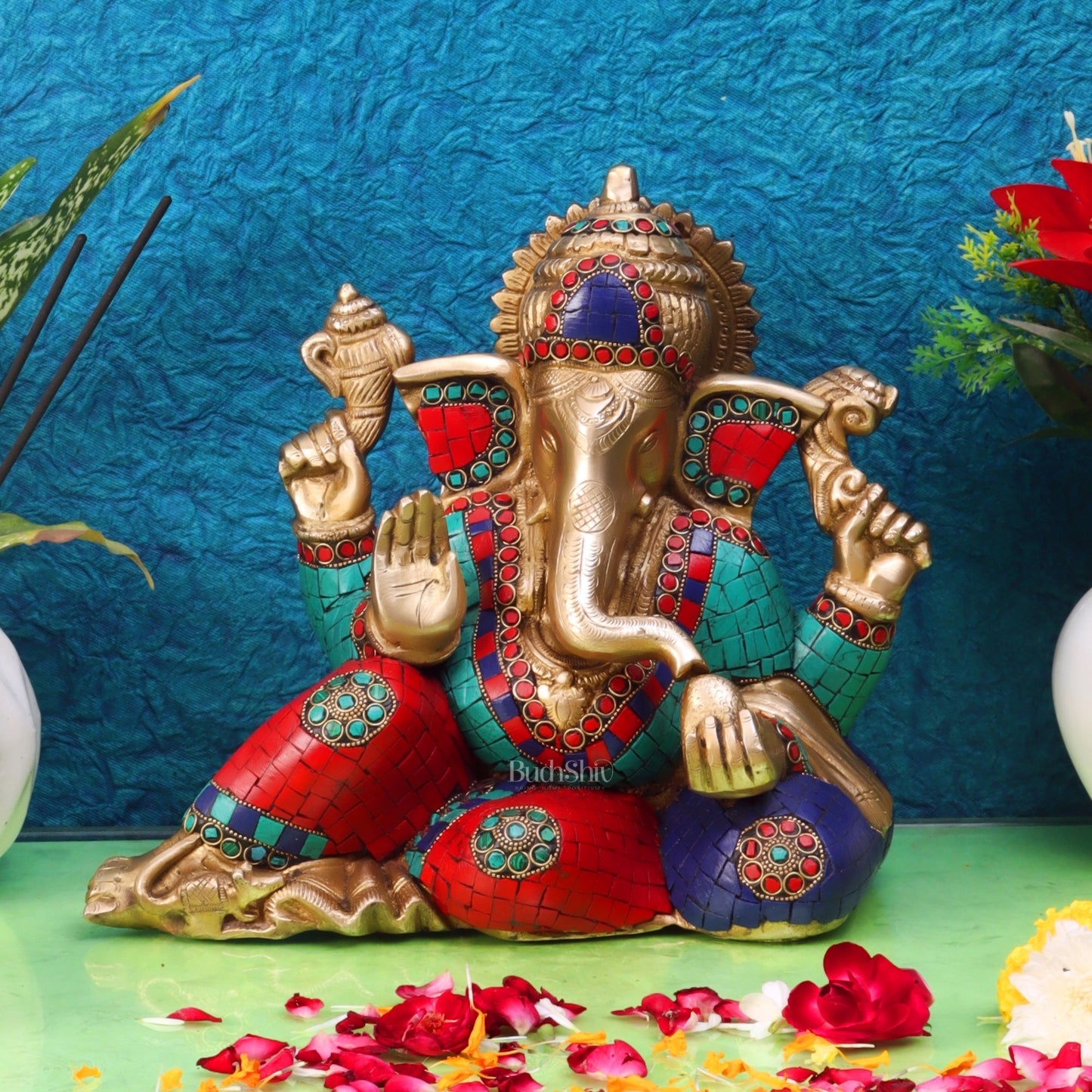 Brass Resting Ganesha Statue with Natural stones 10"