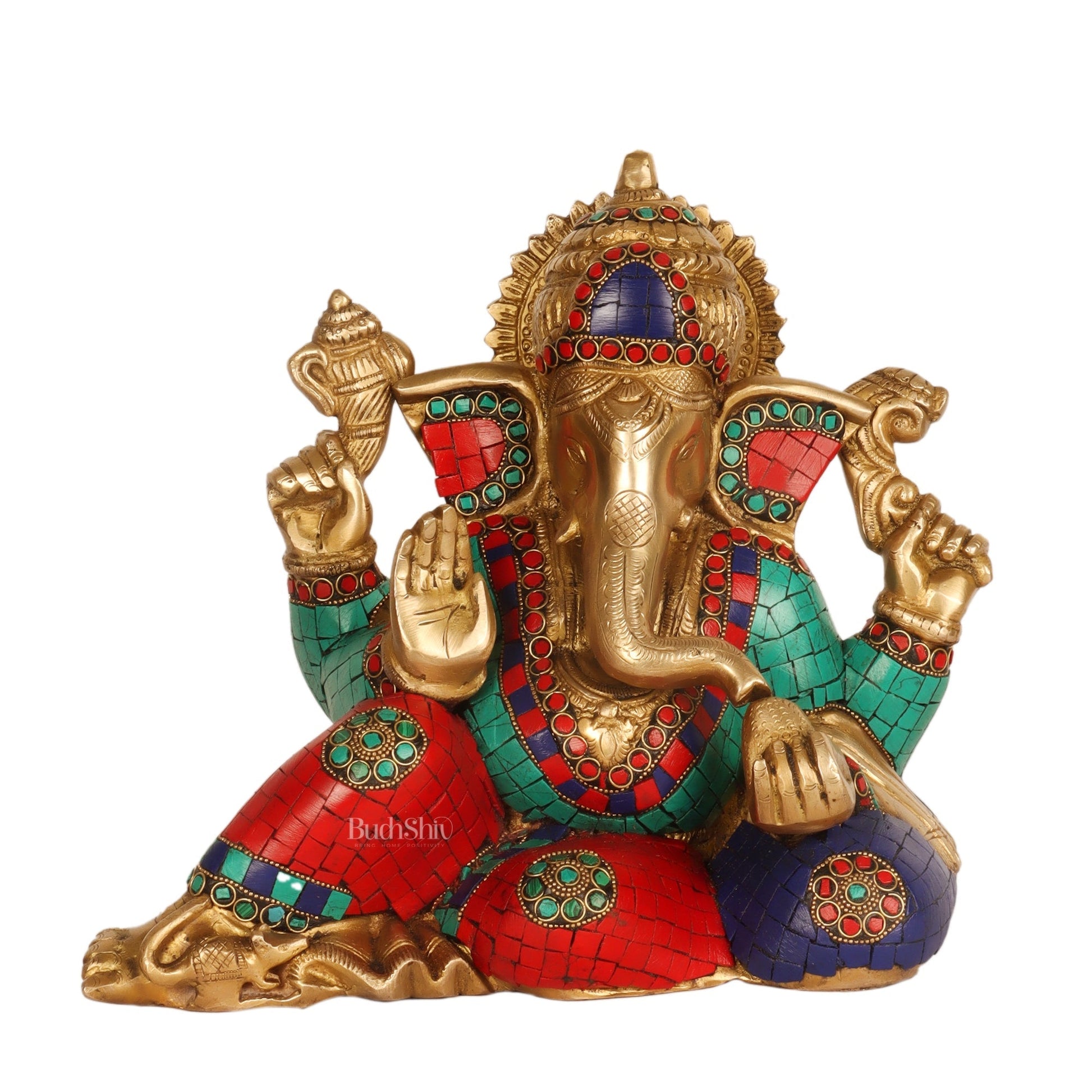 Brass Resting Ganesha Statue with Natural stones 10"