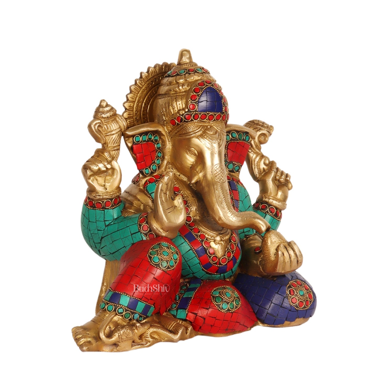 Brass Resting Ganesha Statue with Natural stones 10"