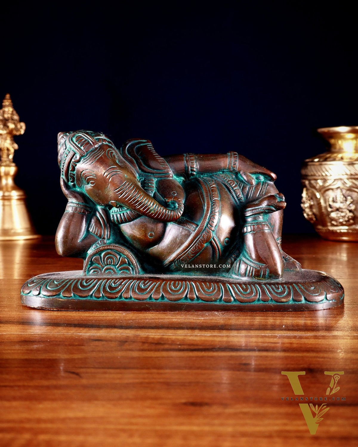 Brass Resting Lord Ganesha Statue 7.5" Chola bronze tone