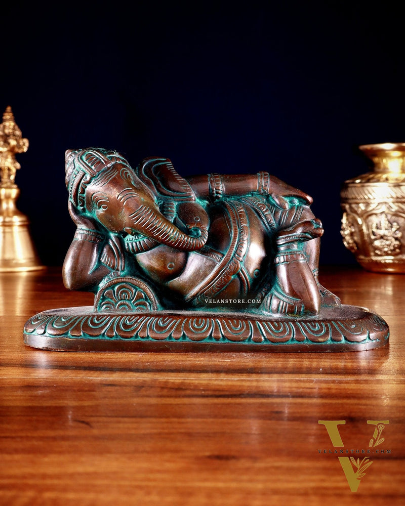 Brass Resting Lord Ganesha Statue 7.5" Chola bronze tone
