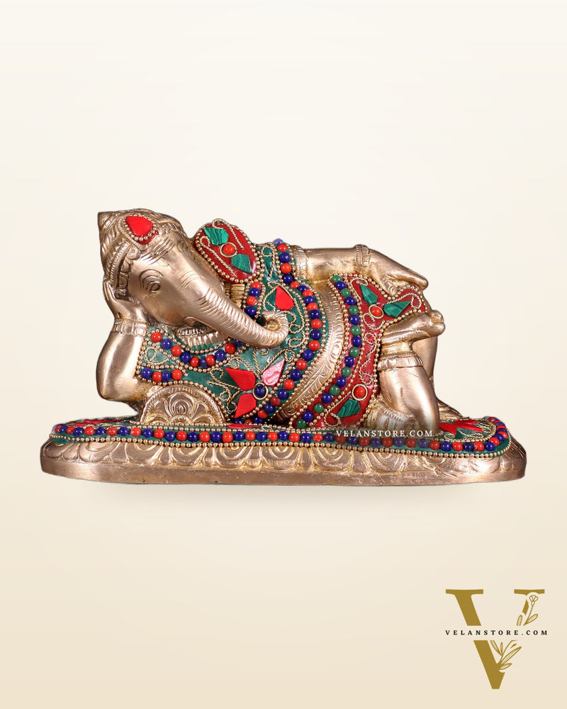 Brass Resting Lord Ganesha Statue 7.5" floral stones